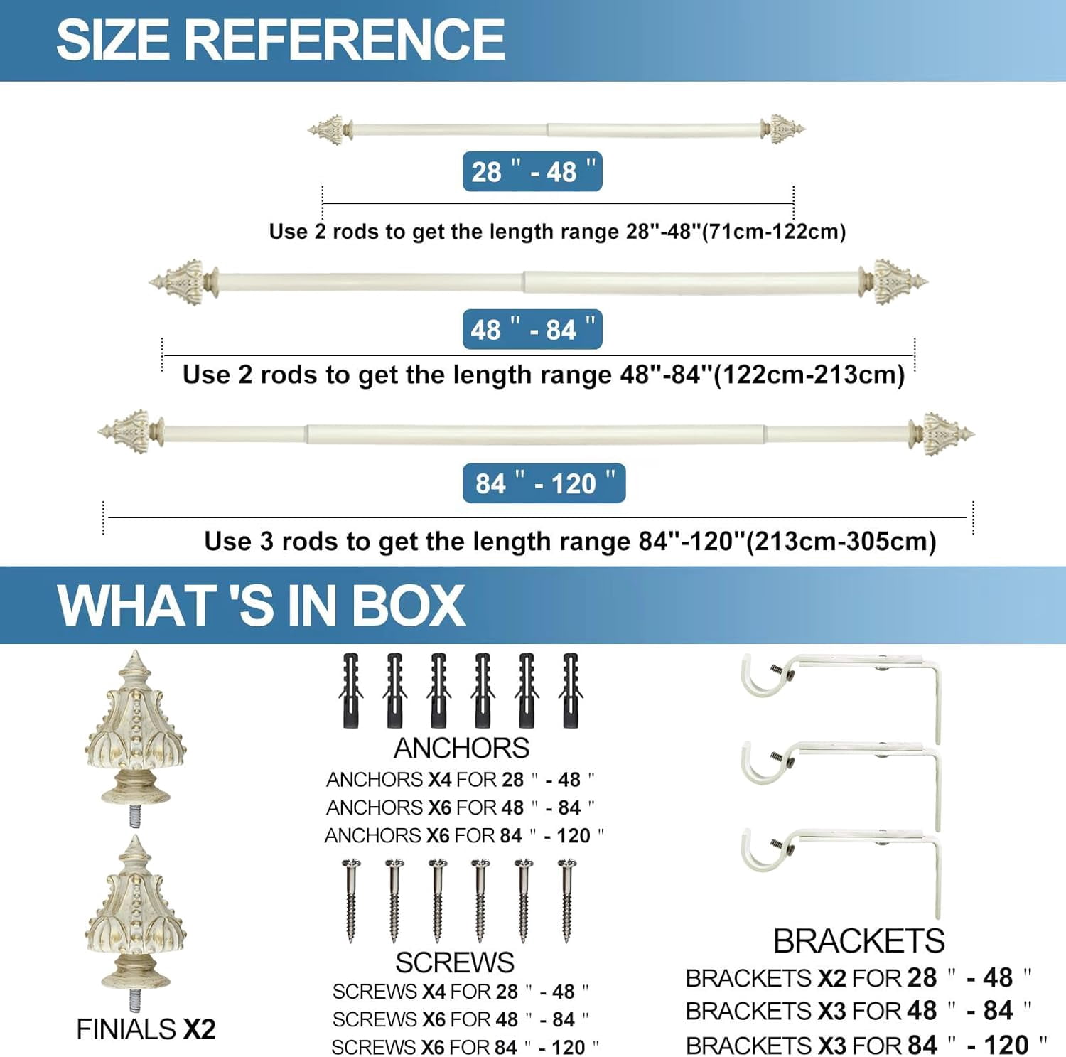 Urbanest Adjustable Single Curtain Rod Set Gilded Regale Finials – 1 - Inch Diameter, With French White Rod, 84–120 Inches