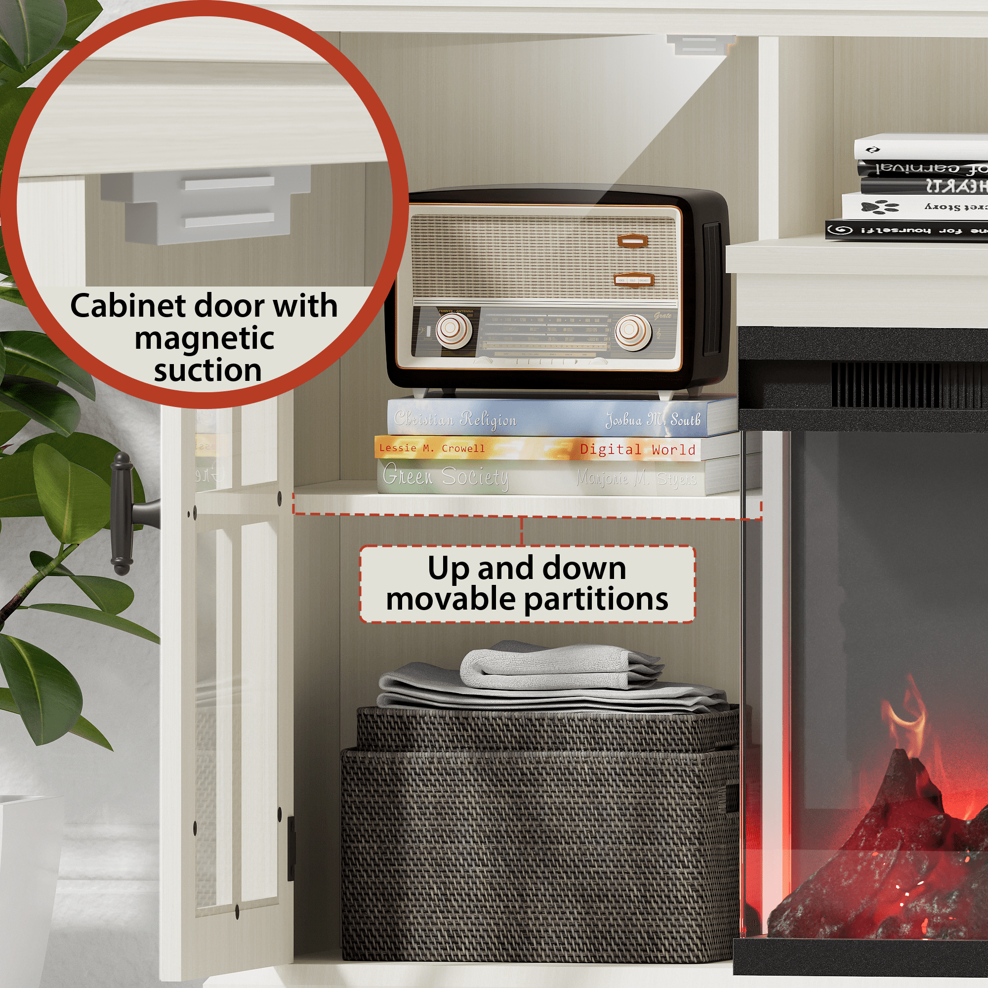 Homall Fireplace TV Stand for TVs up to 65" 3-Sided Glass Modern Media Entertainment Center with Cabniet Storage Adjustable Flame Color Fireplace,White