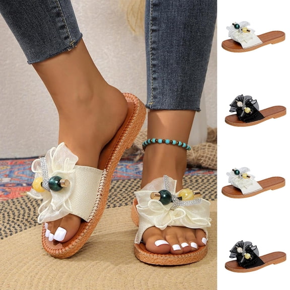 YHAJDS Flip Flops for Women Bow Solid Color Beach Summer Slip On Sandals