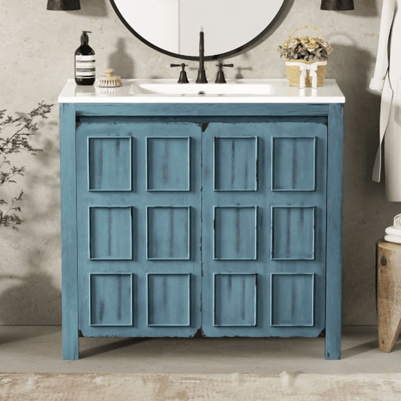 36" Sturdy Bathroom Vanity with Storage, Modern Minimalist Bathroom Vanity with Soft Close, Freestanding Storage Cabinet with Ceramic Sink for Bathroom Organizer, Retro Blue