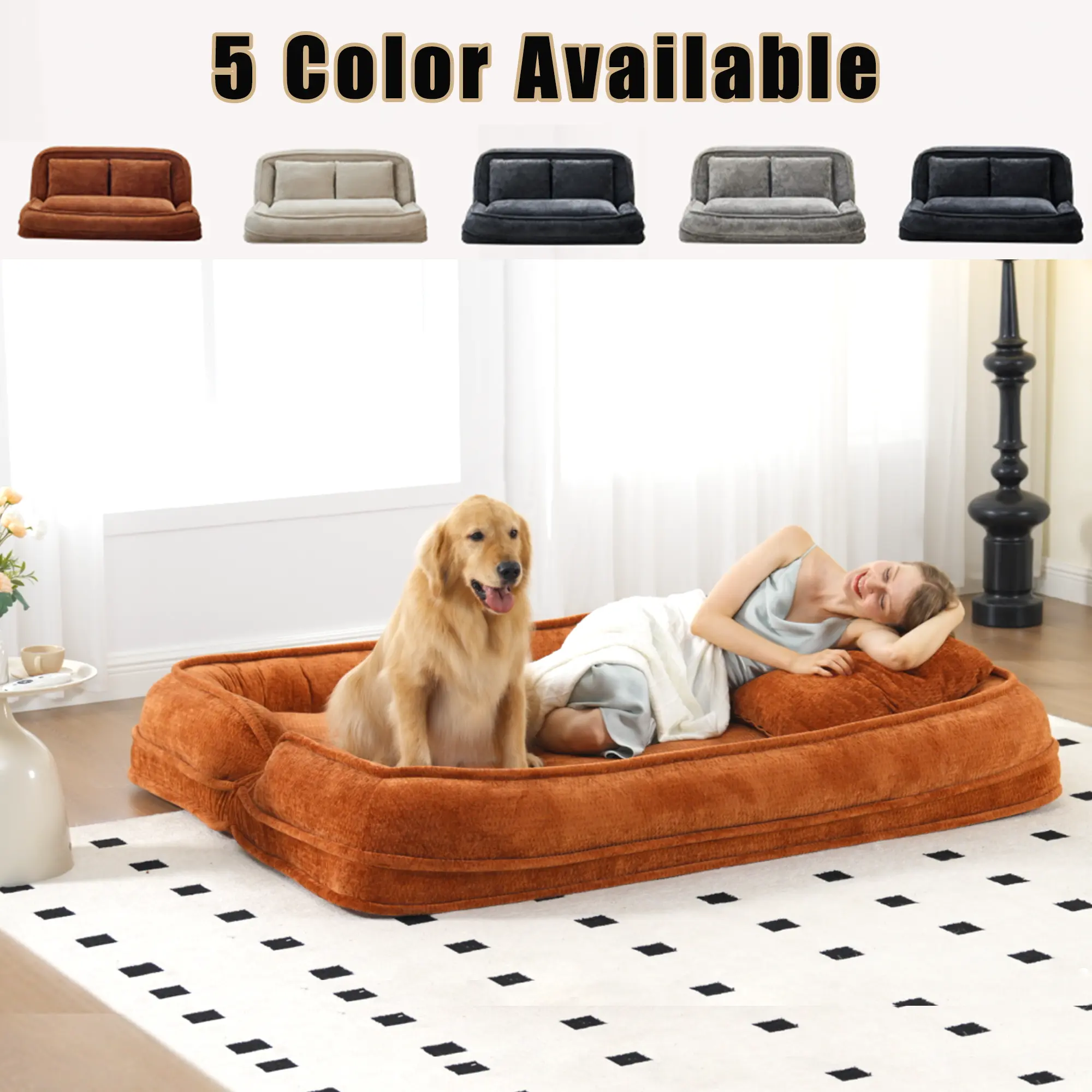 Aukfa Double Human Dog Bed Lazy Sofa Loveseat with Adjustable Backrest, Extra Large 2-Seat Floor Couch with Plump PillowOrange