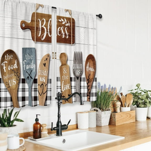 Rustic Kitchen Curtains Small Short Farmhouse Country Buffalo Plaid Wooden Plank Rod Pocket Funny Quotes Black White Vintage Bedroom Living Room Treatment Fabric 2 Panels 28Wx40H Inch