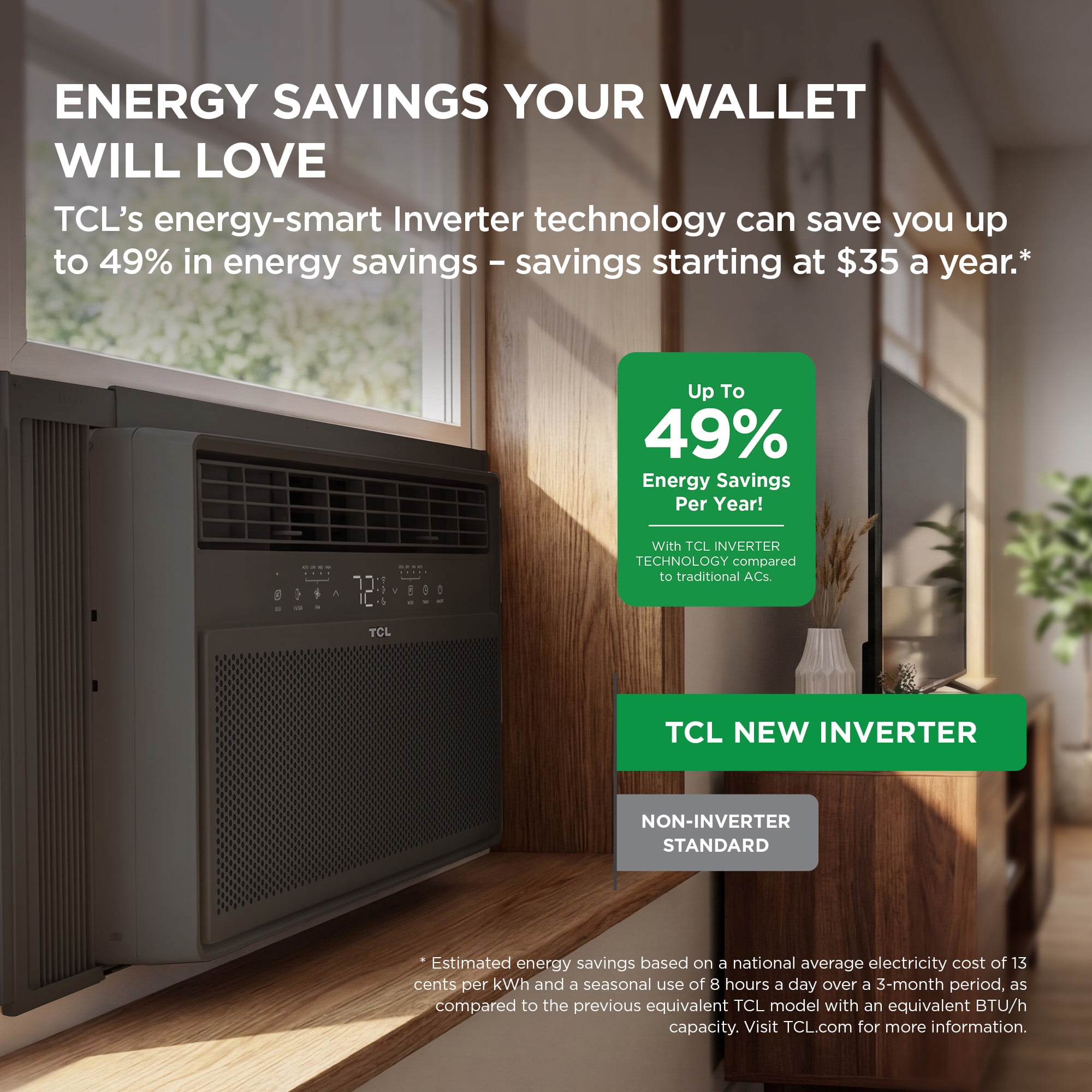 TCL 8,000 BTU Smart Inverter Window Air Conditioner (Black) - 350 Sq ft with up to 49% Energy Savings, Quiet Cooling Tech, 3-in-1 Cooling, Fan & Dehumidifier, Matter Wi-Fi, Remote Control - W8WC72-B
