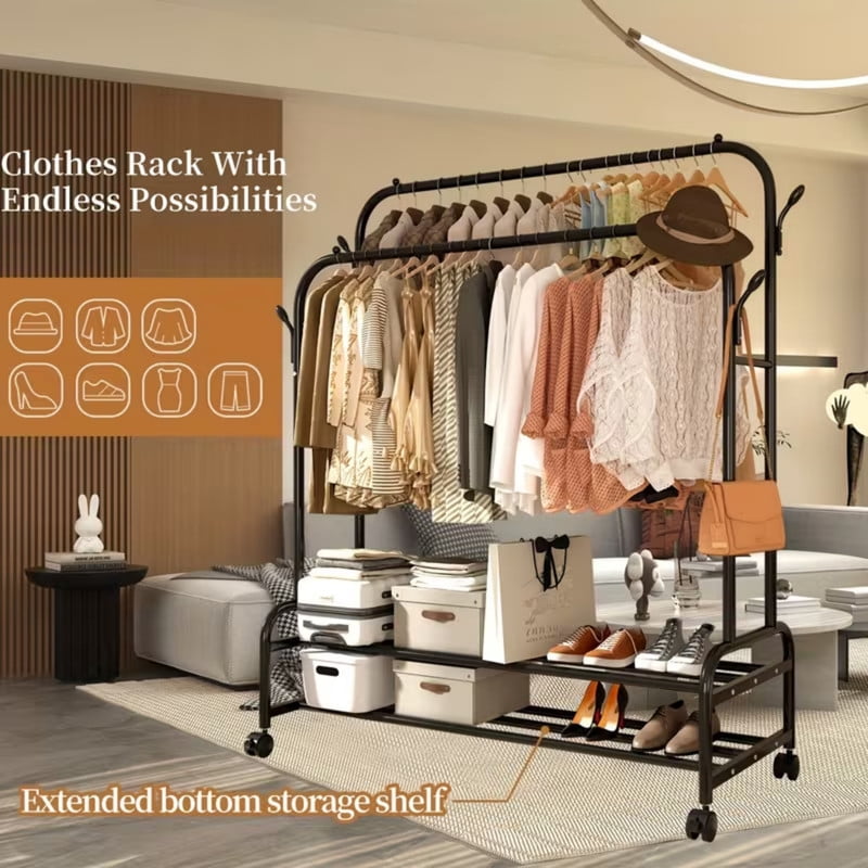 Double-Bar Metal Clothes Hanging Rack, Rolling Storage Shelf with Lockable Universal Wheel, Freestanding Garment Rack