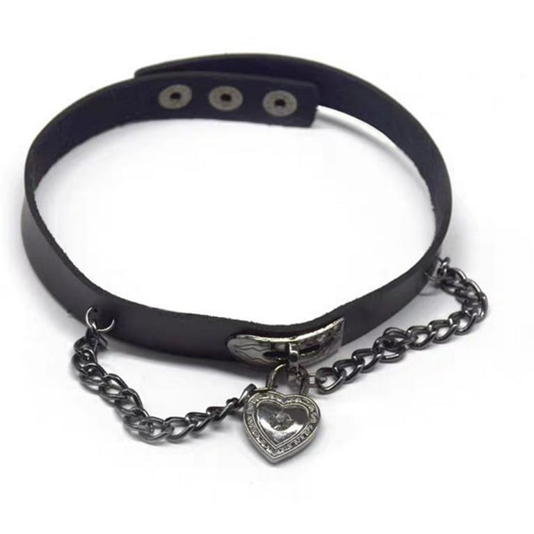 Metal Chain Heart Lock Leather Punk Choker Necklace Gothic Collar for Women  Men