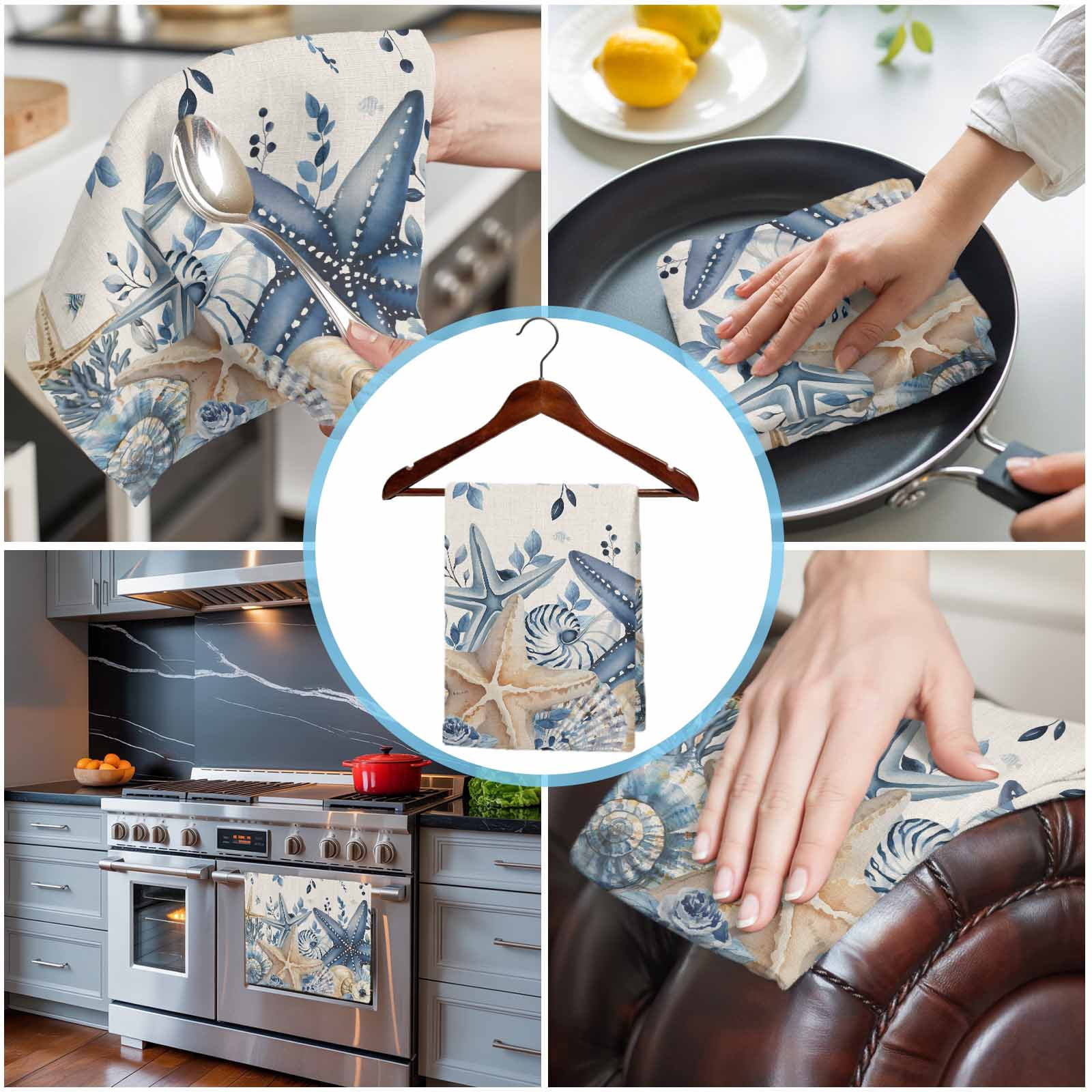 Blue Starfish Coastal Kitchen Towels Set of 4, Water Absorbent Dish Towel, Eucalyptus Summer Nautical Shell Rustic Decorative Hand Towels - Quick Drying Cloth for Cooking Baking, 18x28 Inch