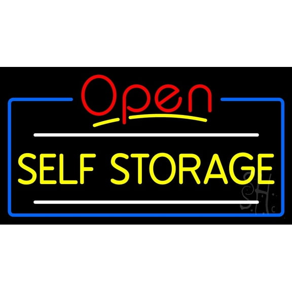 Yellow Self Storage Block With Open 4 LED Neon Sign 20 x 37 - inches, Black Square Cut Acrylic Backing, with Dimmer - Bright and Premium built indoor LED Neon Sign for Store interior and stroefront