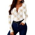 thumbnail image 2 of ZUKMRJPC Women's Long Sleeve Knit Shirts Fashion Vintage Plaid Slim Fit Pullover Tees Casual Trendy Button Down V Neck T Shirt, 2 of 8