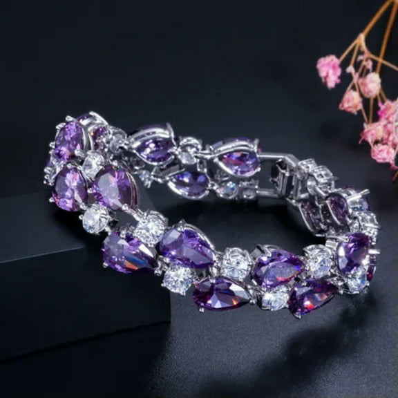 Large Purple CZ Silver Plated Mona Lisa Party Bangles Bracelets for Women Girls