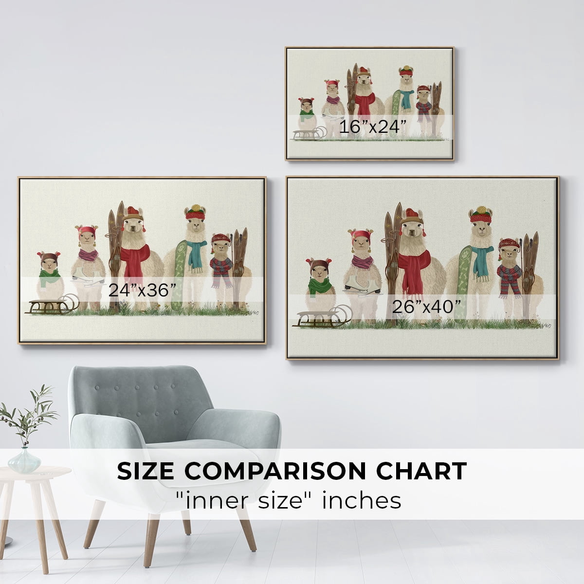 Llama Family Winter Sports - Framed Gallery Wrapped Holiday Canvas - 17 x 25 - Natural Wood Frame