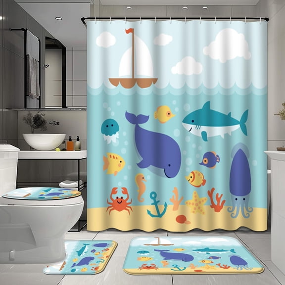 4 Pcs Turtle Bathroom Shower Curtain Sets with Rugs, Colorful Bathroom Sets with Shower Curtain and Rugs, Blue Ocean Sea Bathroom Decor Sets with Mats and Towels