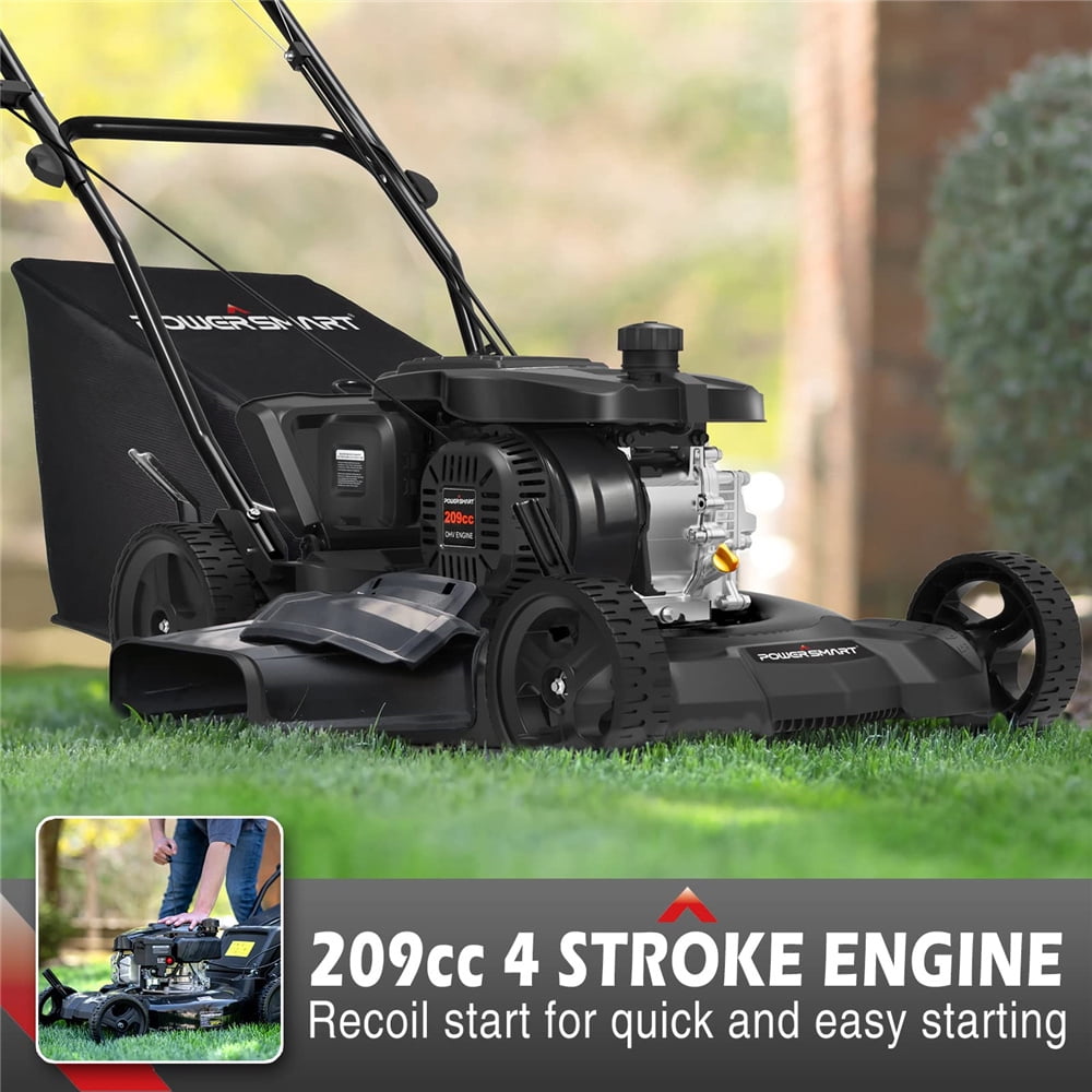 PowerSmart Gas Lawn Mower, 21 Inch 3-in-1 Push Mower, Walk-Behind 4-Stroke 209CC Engine Gas Powered Lawn Mower with Bag, 5 Adjustable Heights, Engine Oil Included, Black, LLL4750