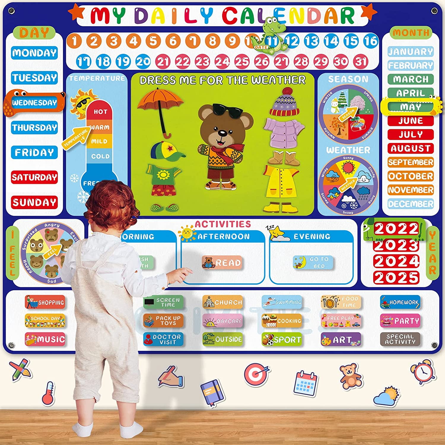 My Daily Calendar Felt Board for Kids Preschool Classroom Calendar 3.5Ft  Circle Time Learning Center All About Today Activities Bear Dress Emotion  Weather Season Days of the Week for Toddlers Learning -