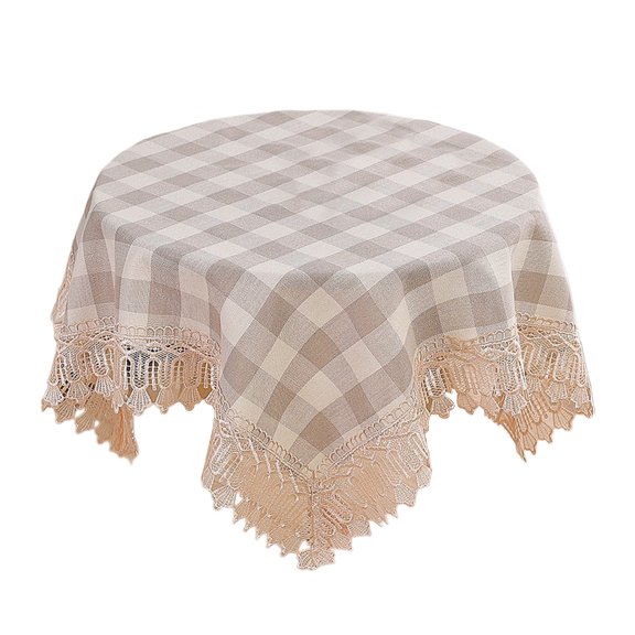 Checkered Round Tablecloth Washable Buffalo Plaid Table Cloth with Lace Edge Linen Gingham Table Cover for Birthday Party Home Decor (Beige)
