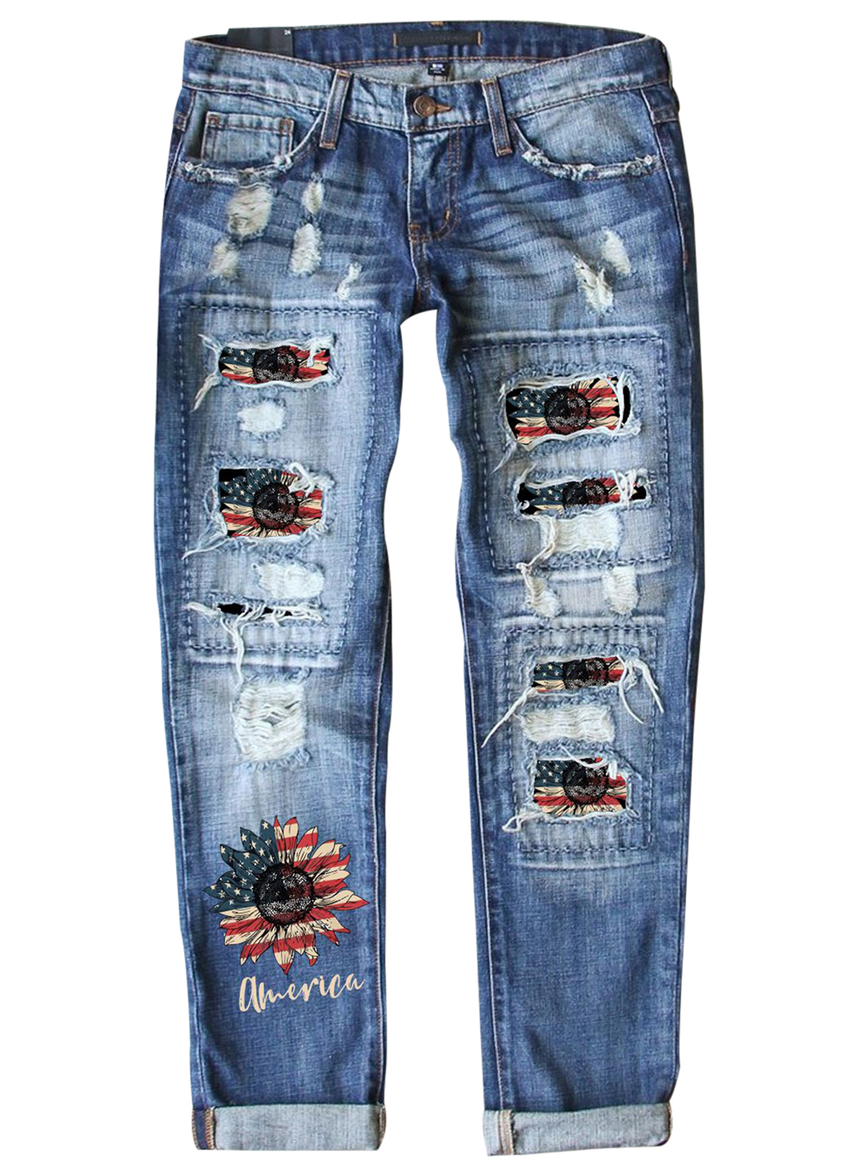 Dokotoo Women's American Flag Sunflower Denim Pants Casual Patchwork