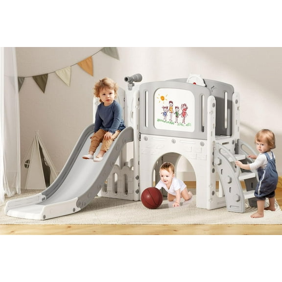 Glaf Toddler Slide 9 in 1 Outdoor Playset Kids Slides for Toddlers Age 1-3 Baby Indoor Playground with Climber Basketball Hoop Telescope Drawing Board and Storage Space for Backyard (Grey)