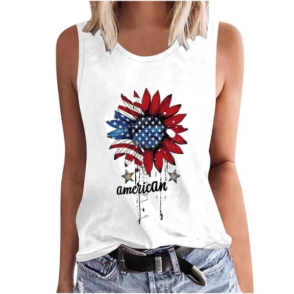 Fewfanhot Women's American Flag Tank Top, Patriotic Print Sleeveless Cami, Fourth of July Casual Round Neck Blouse, S-5XL