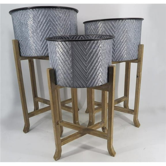 Metal Pots on Wood Stands Planters, Set of 3