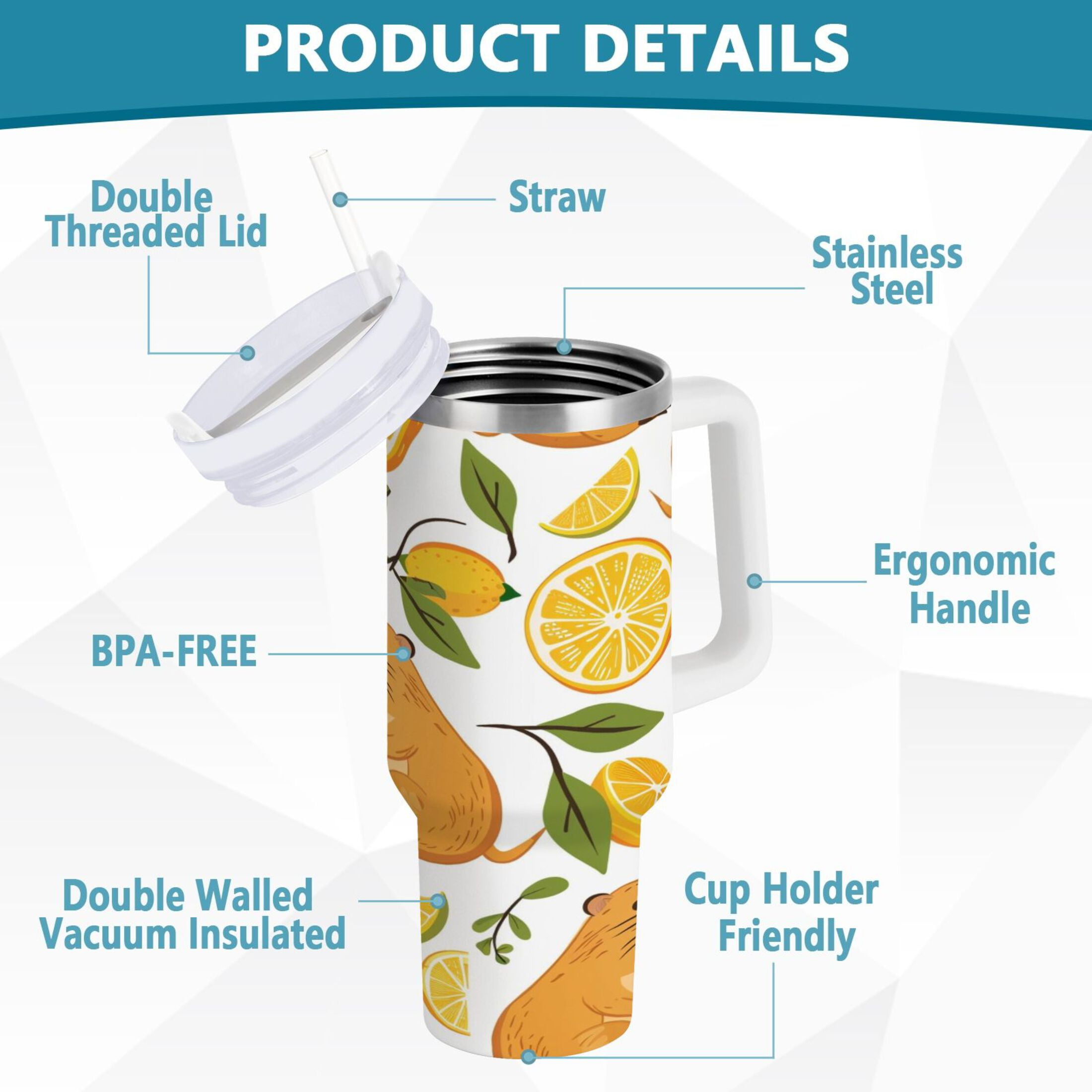 Funny Baby Capybaras and Orange Tumbler with Handle and Straw Lid 30 oz Insulated Vacuum Water Bottle Stainless Steel Travel Cup