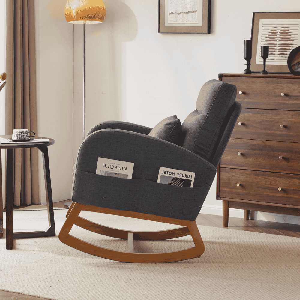 GVN Bedroom Rocking Chair Rocking Chairs & Gliders,Grey Linen Rocking Chair Nursery With Thick Headrest, Modern Nursing Rocker Glider With Curved Armrest