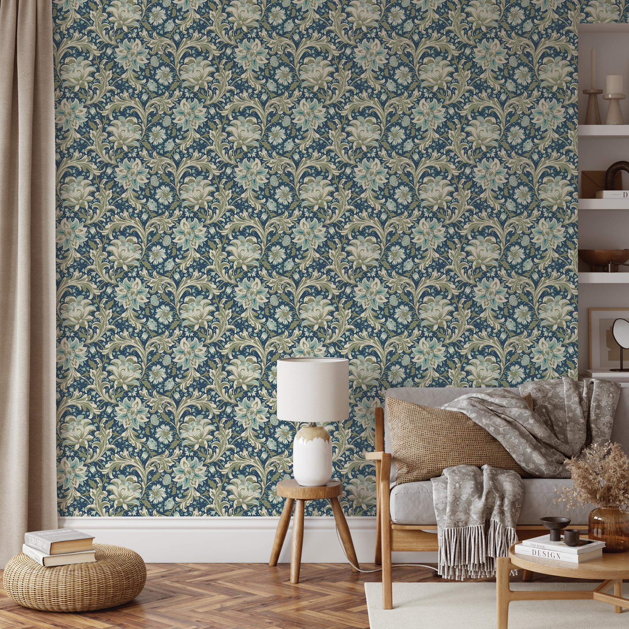 Better Homes & Gardens Navy Isolda Jacobean Peel and Stick Wallpaper, 20.5" x 18'
