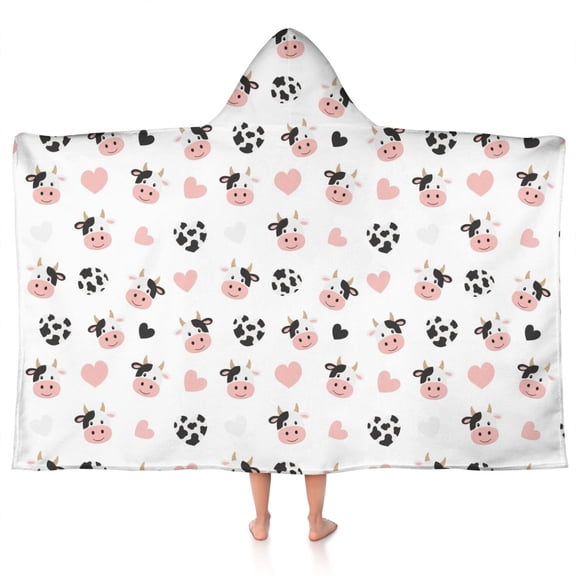 White Cow Heart Pattern Hooded Bath Towel,50"x30" for Ages 3 To 12 Kids, Quick Dry Lightweight Soft Microfiber Hood Beach Towel Cover Up for Kids
