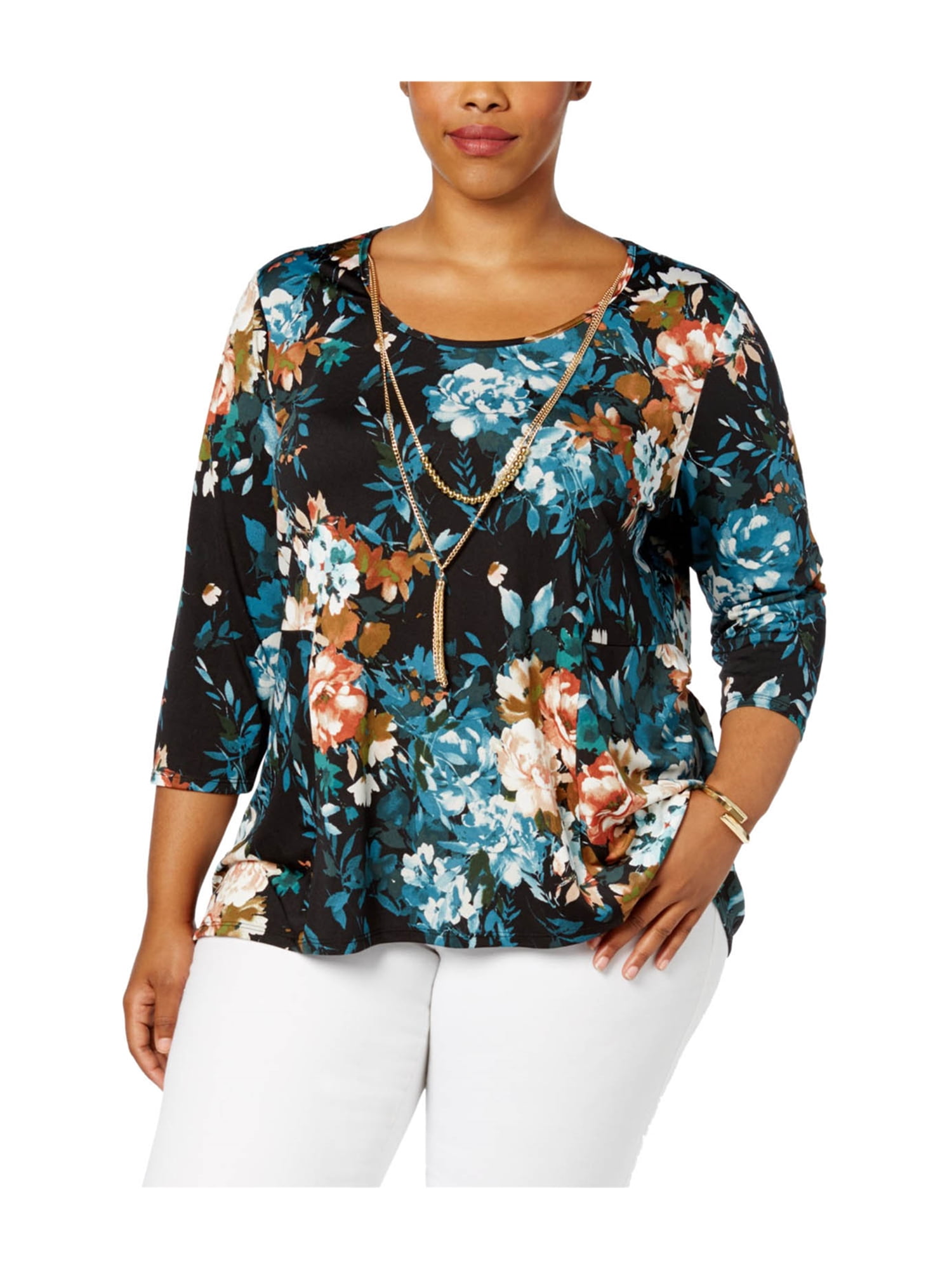 NY Collection Womens Floral Knit Blouse multi 1X - Plus Size | Walmart ...