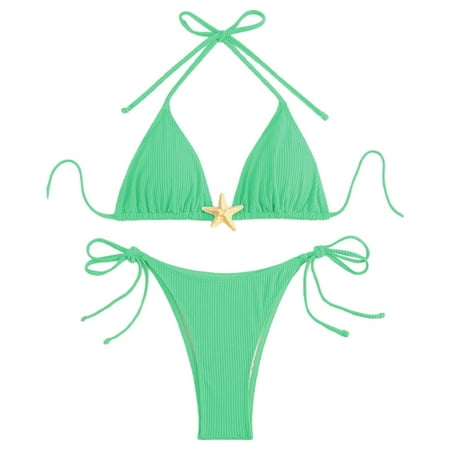 JIANJIA Womens Swimsuits Solid Color Sexy Lace Up Halter Backless Brassiere With Thongs Swimsuit Two Piece Bikinis Swimwears Beachwear  Green L