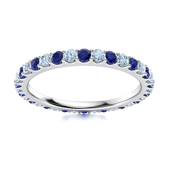 Full Eternity Round Aquamarine & Blue Sapphire 925 Sterling Silver Women Ring