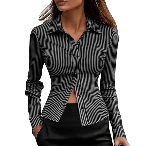 Yigetop Striped Long Sleeve Shirt Women Women's Long Sleeve Striped Fitted Button Down Shirts Casual Elegant Top Collared Dress Blouse Tops Womens Button Down Blouse Black L
