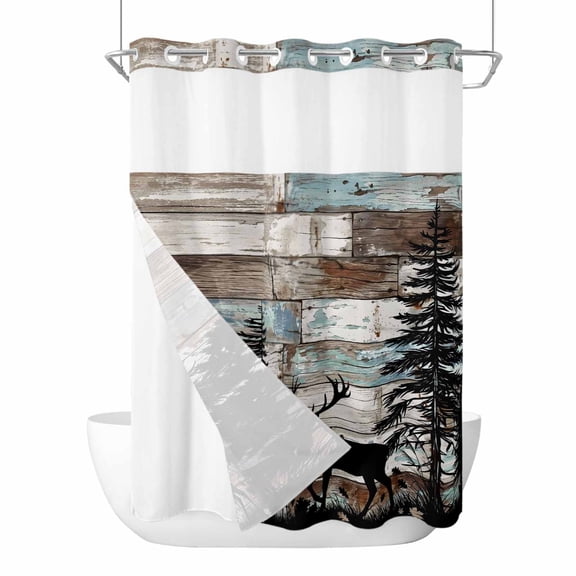 No Hook Shower Curtains with Snap-in Liner Set, Teal Brown Deer Silhouettes Waterproof Hotel Style Bathroom Shower Curtain, Trees Wooden Retro Art Farmhouse Mesh Top Bath Curtains 60''x72''