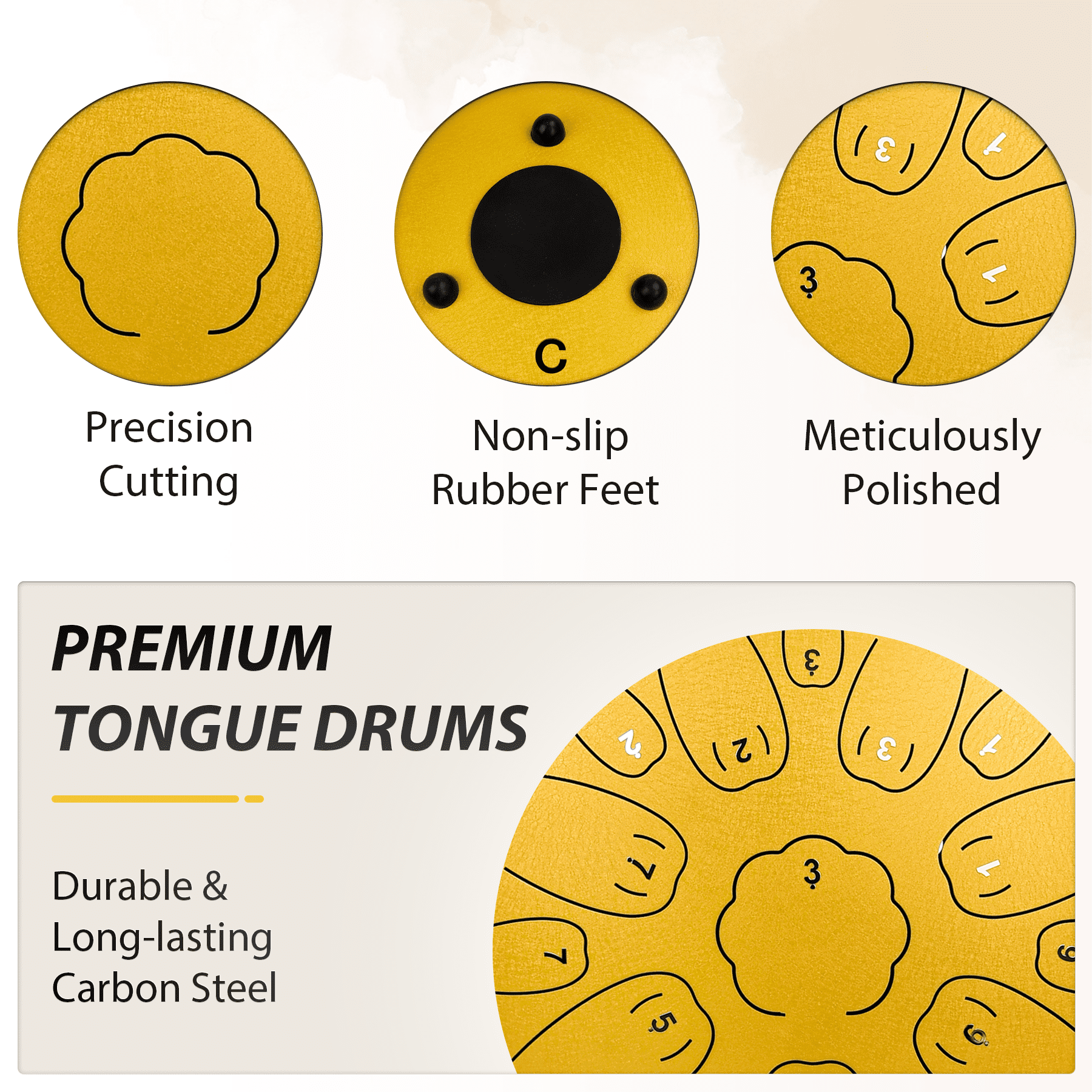 Tongue drum 13 Inch 15 Notes Tongue Drums, C Key Handpan Drum Instruments for Kids Adults, Steel Drum with MusicBook, Drum Mallets and Carry Bag (Gold)