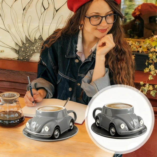 Beetle Shaped Coffee Mug, Handcrafted Imaginative Taza Escarabajo, Tazas para Cafe con forma de Beetle Shaped, Unique Car-Shaped Tea Cup para entusiastas de los coches (Gris)