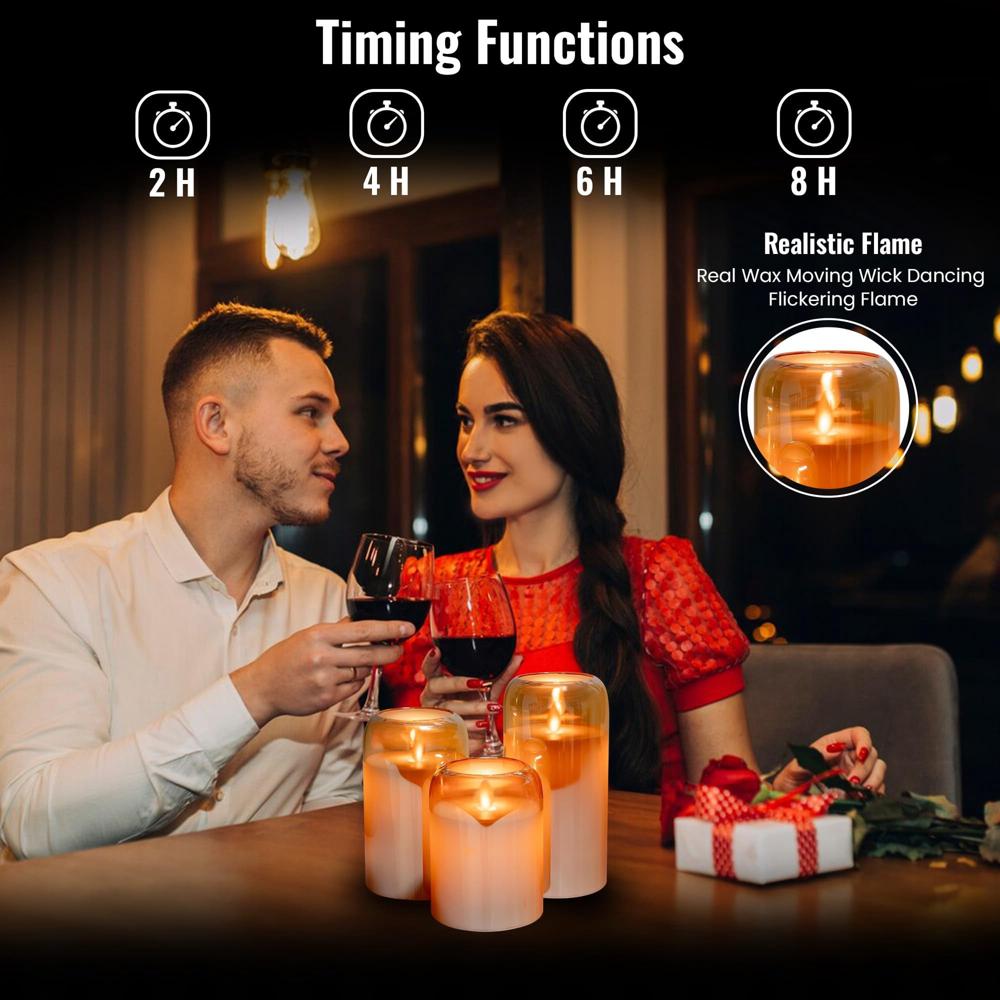 WYZworks LED Mirrored Glass Round Hurricane Pillar Flameless Candles, Real Wax Realistic Wick Flickering Flame, Battery Operated (Included), Remote & Timer (Set of 3, Gold Tinted Metallic)
