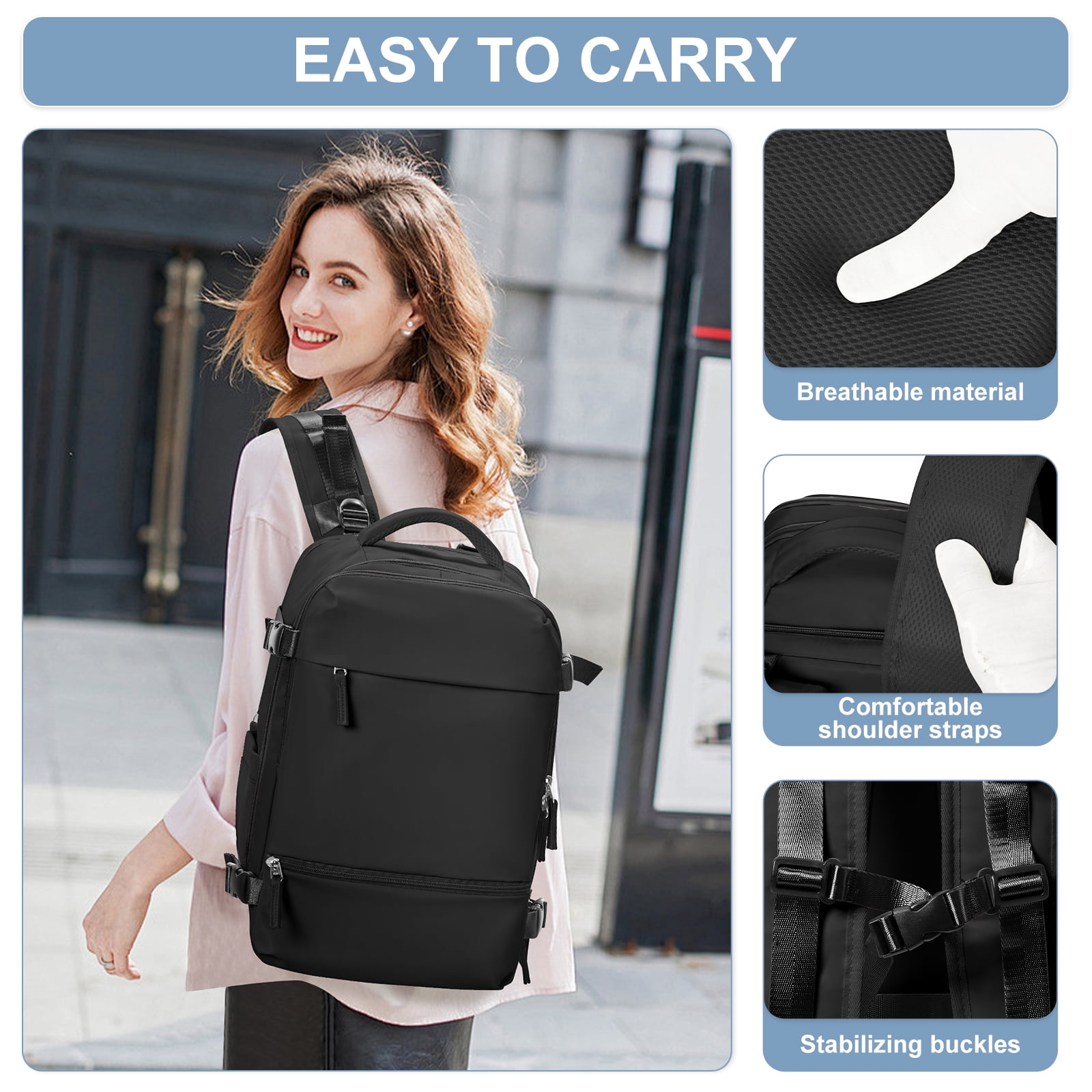 Travel Backpack Simple Durable Carry On Backpack with Shoe Compartment, Personal Item Travel Bag Flight Approved, Water Resistant Laptop Backpack for Women Men Weekender Business, Black