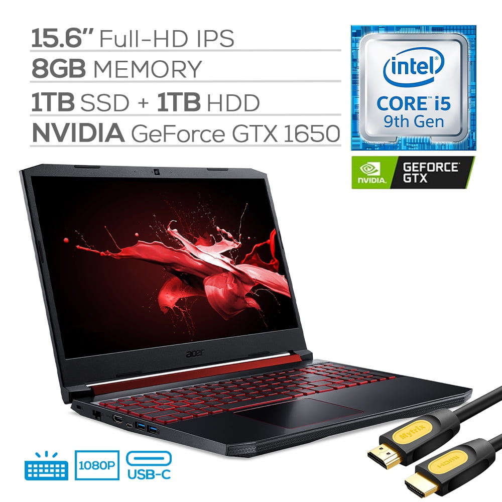Acer Nitro 5 Gaming Laptop, 15.6" IPS Full HD, NVIDIA GTX 1650, Core i5-9300H up to 4.10 GHz, 8GB RAM, 1TB SSD+1TB HDD, Backlit, RJ-45 Ethernet, Wi-Fi 6, USB-C, Mytrix HDMI 2.0 Cable, Win 10