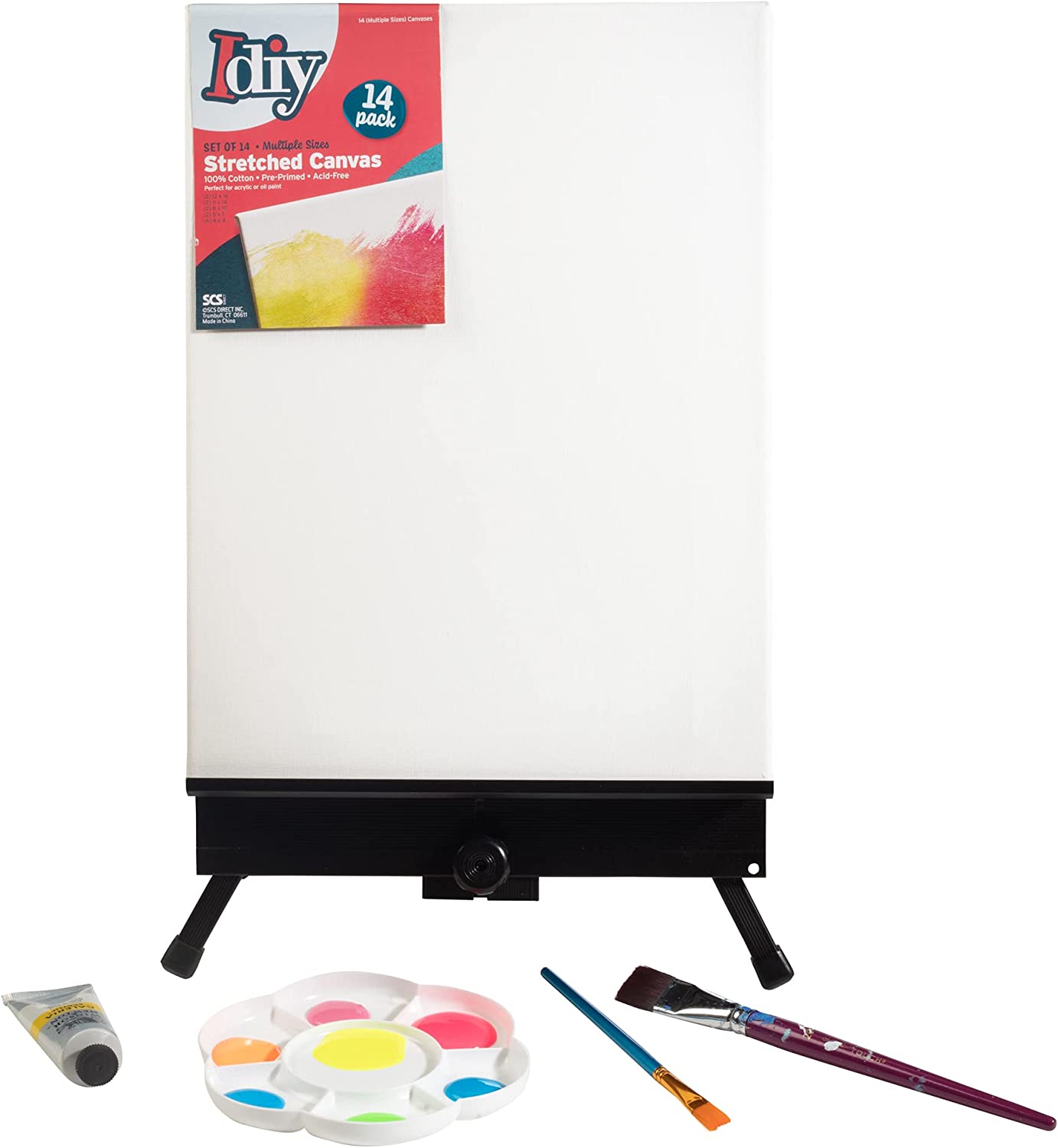 iDIY Stretched Canvas Board Multi Pack (Set of 14) - Sizes 4 x 4-12 x 16, 5/8 Variety Pack - Classic White Blank, Pre Primed for Oils or Acrylics, 100% Cotton, Acid Free - Professional Grad