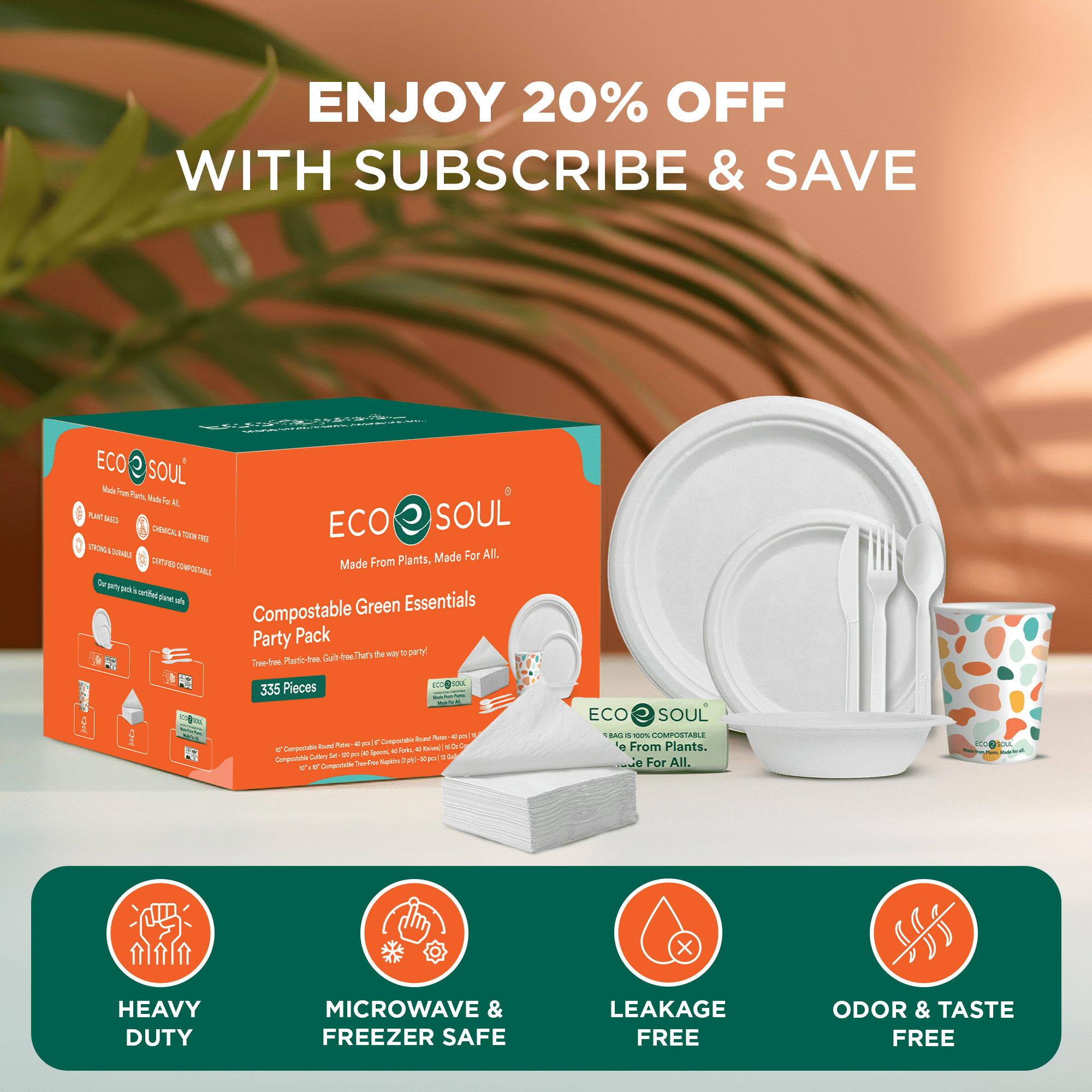 EcoSoul Compostable Dinnerware Set for 40 Guests, with Sugarcane Bagasse Plates, Bowls, Cups, Cutlery, Napkins and Compost Waste Bags - 335 Count