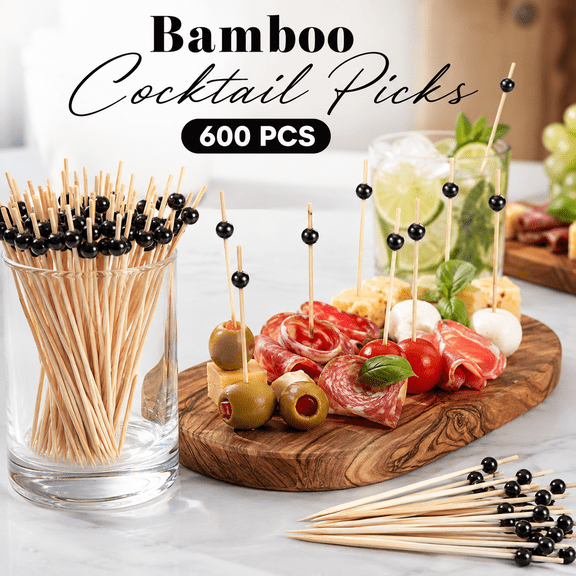 MORAVE 600 Pcs 4.7 Inch Black Pearl Bamboo Cocktail Picks, Decorative Food Skewers for Fruit, Charcuterie, Wedding & Bridal Shower