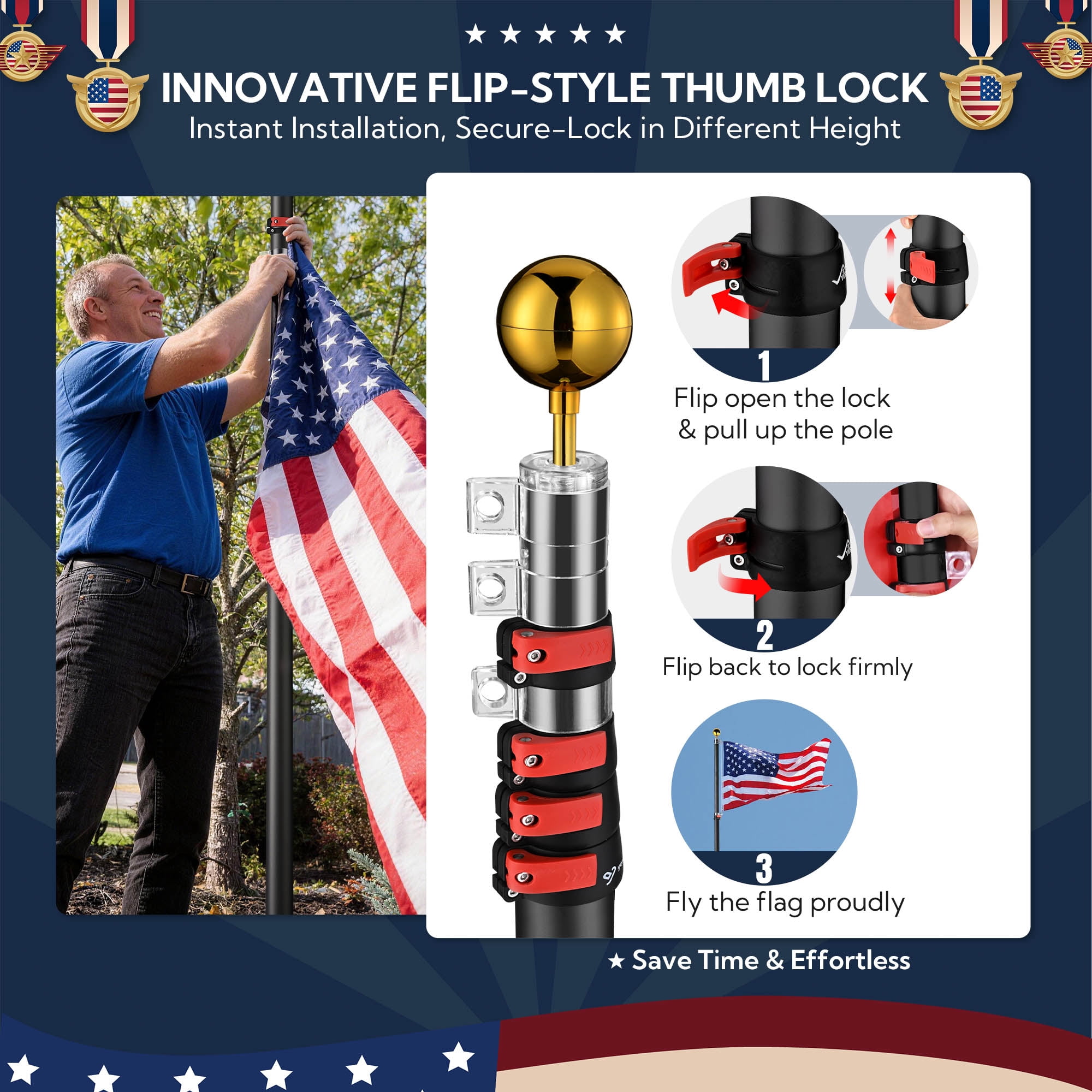 Yescom EZ GO 25ft Telescopic Flag Pole Kit Upgrade Rotating Lock for Outside Inground with 3x5' US Flag Ball Top Black