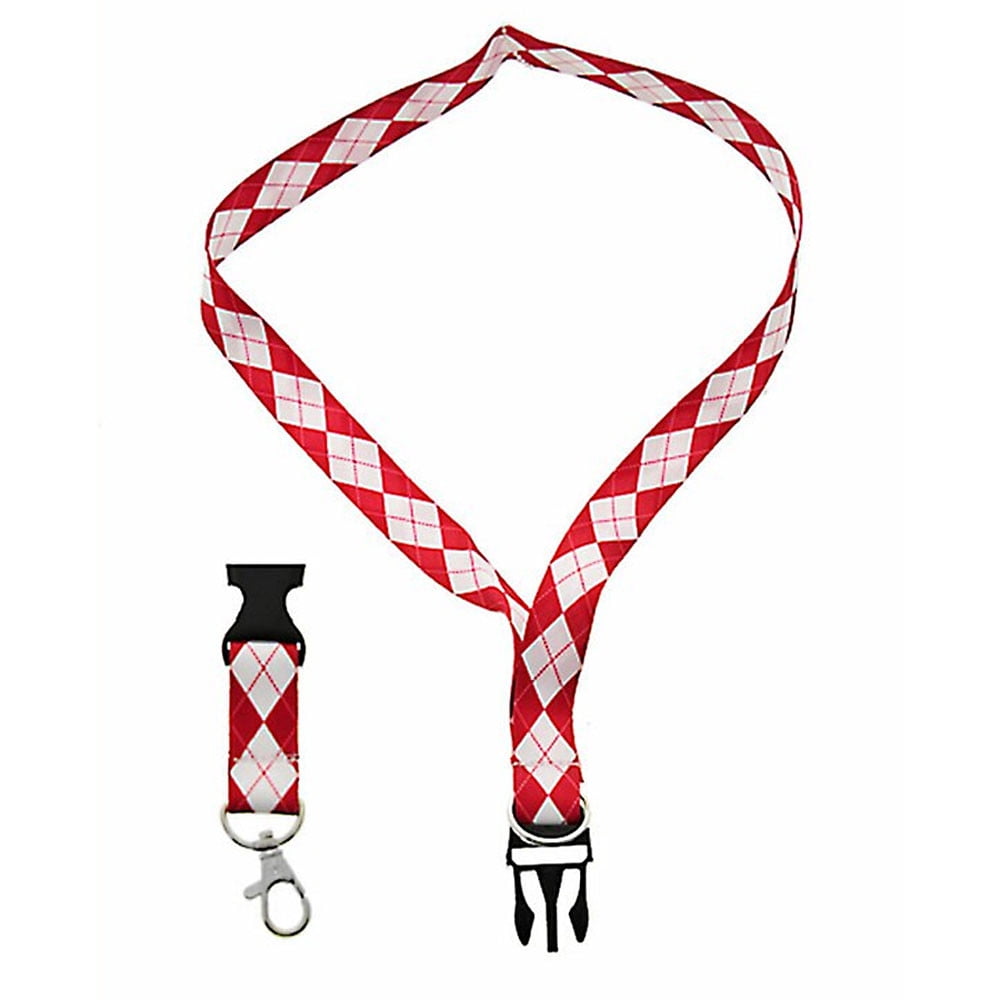 Red and White Argyle Fabric Lanyard Necklace with 2 ID/Badge/Card