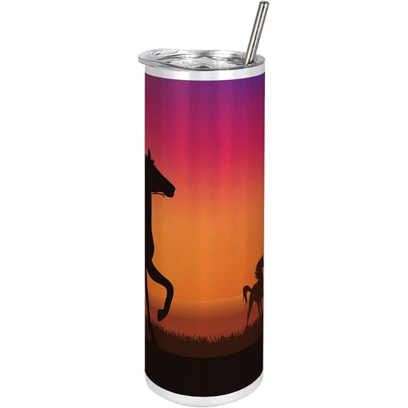 Western 20 Oz Skinny Tumbler, Cowboy Silhouette Chasing Horse at Sunset Old American Themed Print, Leak-Proof Straw Lid and Brush Vacuum Insulated for Outdoor Use, Redbrown and Multicolor