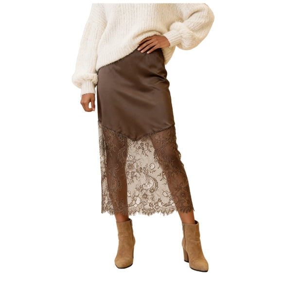 DAFEI Satin Skirts for Women High Waist Lace Skirts Elegant Lace Patchwork Skirt Solid Silk Maxi Skirts 2026