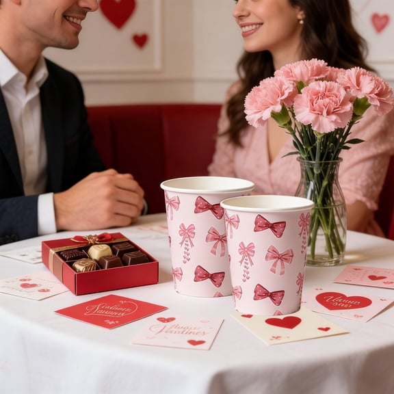 10pcs Bow Pattern Disposable Party Cups - Decorative Paper Cups for Christmas, 2026 & Valentine's Day Gatherings, Durable Drinkware for Bridal Showers, Birthdays & Home Events, Multicolor