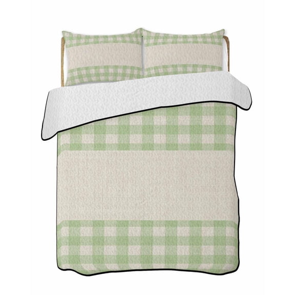 Quilt King Size Bedding Set, Retro Green Reversible Summer Quilt 3 Pieces, Farmhouse Buffalo Plaid Vintage Beige Lightweight Bedspreads Coverlets with 2 Pillow Shams for All Seasons