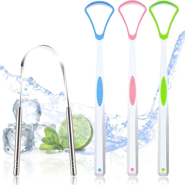 4PCS Raspador de lengua Limpiadores de lengua de acero inoxidable 100% sin BPA Herramientas de lengua más frescas Cepillos de higiene bucal saludables Acero inoxidable reutilizable de grado médico Eli