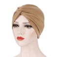 thumbnail image 1 of Gorro de quimioterapia con capucha de tela elástica con forma de cruz en la frente y base de color caramelo, 1 of 6