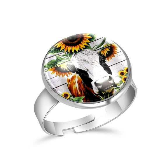 PhooArto Sunflower Cow Stainless Steel Rings for Women, Open Adjustable Ring Promise Ring Jewelry Gifts