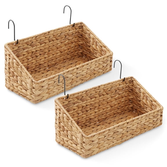 Casafield Set of 2 Hanging Baskets with Hooks - Natural, Woven Hyacinth Shelf Storage Wall Mounted Bins for Bathroom, Kitchen, Office, Laundry Room