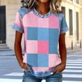 thumbnail image 2 of Atogsazn Women Waffle Colorblock Shirt Denim Patchwork Casual Short Sleeve Pullover T-shirt Crew Neck Tops Outfit 02-Pink S Fashion, 2 of 5